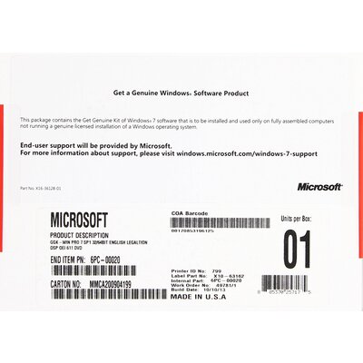 Microsoft Windows 7 Professional SP1 32-bit/64-bit English GGK OEI DVD