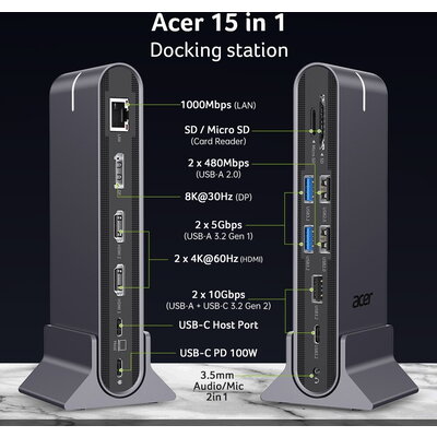 Докинг станция Acer Type C Universal docking station 15in1, 2 x HDMI 4K@60Hz, 1 x DP 8k@30Hz, 5 x USB A, 1 x USB C, 1 x RJ45, 1x