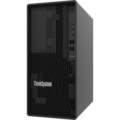 Сървър Lenovo ThinkSystem ST45 V3, AMD EPYC 4124P (4C 3.8GHz 16MB Cache/65W), No RAID, 2x1TB SATA, 1x16GB, 500W 94% Efficiency, 