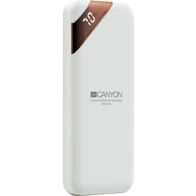 CANYON Power bank 5000mAh  Li-poly battery, Input 5V/2A, Output 5V/2.1A, with Smart IC and power display, White, USB cable lengt
