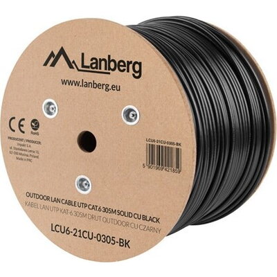 Кабел Lanberg LAN cable CAT.6 UTP 305m solid outdoor CU, Fluke passed, Black