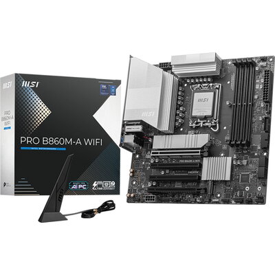 MSI PRO B860M-A WIFI, mATX, LGA 1851, 4x DDR5 Dual Channel DDR5 up to 8600(OC)MHz, 4x PCIe x16 slot, 3x M.2 slot, 2x USB 2.0, 2x