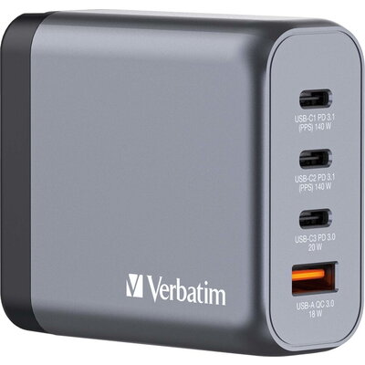 Зарядно устройство Verbatim GNC-140 GaN Charger 4 Port 140W USB A/C (EU/UK/US)