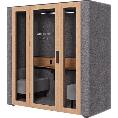 WORKBOOTH Two Comfort Acoustic booth with Media hub integration spot, Blind, Light grey felt, natural oak, Jazz Graphite fabric 