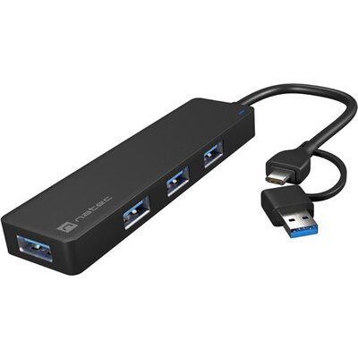 USB хъб Natec Hub Mayfly USB-C 3.0 4 Port + USB-A Adapter Black