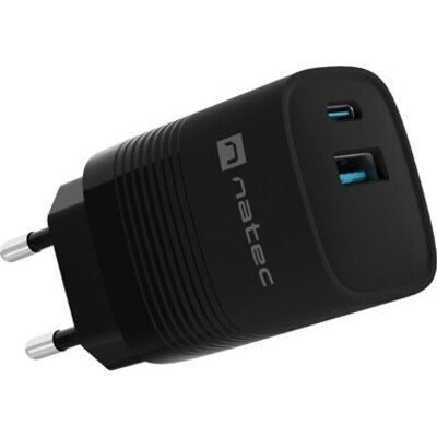 Адаптер Natec USB Charger  Ribera Gan 1X USB-A + 1X USB-C 30W, Black