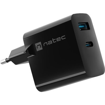 Адаптер Natec USB Charger  Ribera Gan 1X USB-A + 1X USB-C 45W, Black