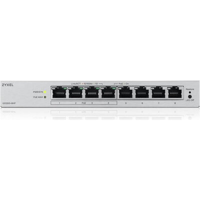 Комутатор ZyXEL GS1200-8HP v3, 8 Port Gigabit PoE+ webmanaged Desktop Switch, 4x PoE, 68 Watt