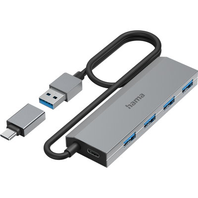 HAMA 4-портов хъб, USB 3.2 Gen 1, 5 Gbit/s, вкл. USB-C адаптер, авт. захранване