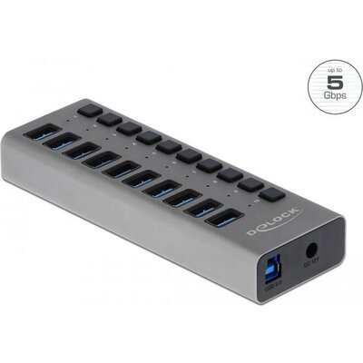 USB хъб Delock 10 x USB-A, 1 x USB-B, 5 Gbps, Превключвател, LED индикатор, Сив