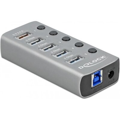 USB хъб Delock 3.2 Gen 1, 4 x USB-A, 1 Fast Charging Port, 1 x USB-B, Подсветка, Сив