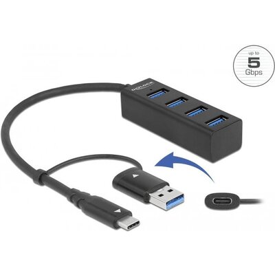 USB хъб Delock 63828, 3.2 Gen 1, 4 x USB-A, USB-C, USB-A конектор, Черен