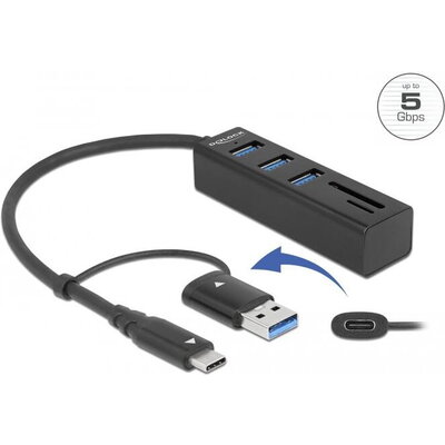 USB хъб Delock 63859, 3.2 Gen 1, 3 x USB-A, SD и MicroSD четец на карти, USB-C, USB-A конектор, Черен