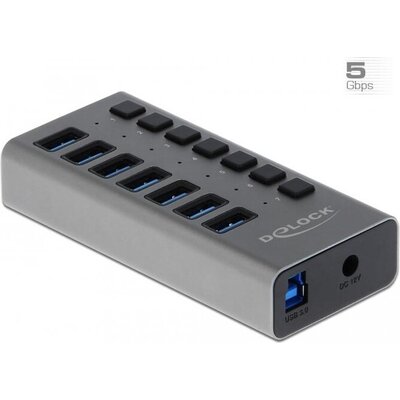 USB хъб Delock 7 x USB-A, 1 x USB-B, 5 Gbps, Превключвател, LED индикатор, Сив