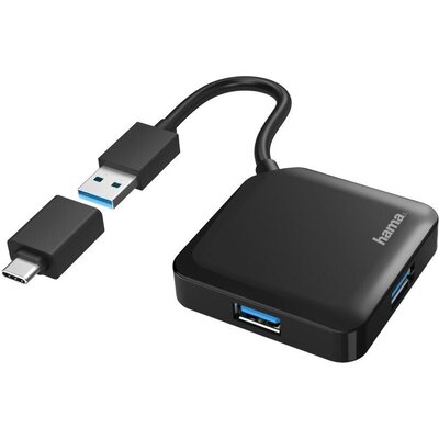 USB хъб HAMA, USB-А 4-портов, USB 3.2 Gen 1, 5 Gbit/s, USB-C адаптер, Черен