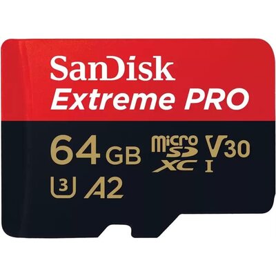Карта памет SANDISK Extreme PRO microSDXC, 64GB, Class 10 U3, A2, V30 с SD адаптер