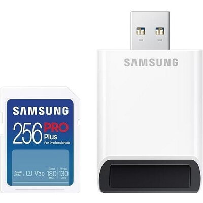 Карта памет Samsung PRO Plus, SD Card, 256GB, USB Четец, Бяла