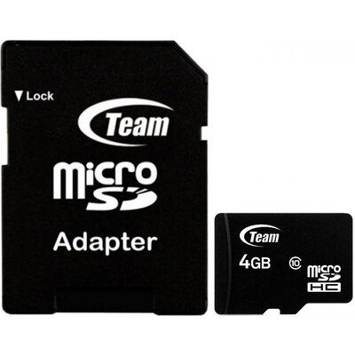Карта памет TEAM micro SDHC, 4GB, Class 10, SD адаптер