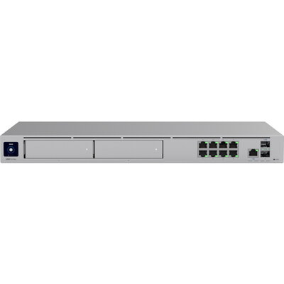 Ubiquiti rack-mount Cloud Gateway with 10 Gbps performance, multi-WAN load balancing, and two NVR drive bays designed for large-