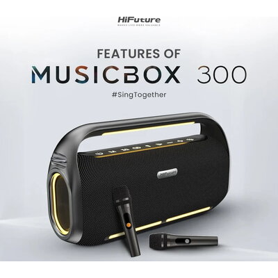 Тонколони HiFuture MusicBox300 Black, 150W Output, Karaoke Enable, Two Wireless Microphone, 18000mAh Battery (Support Power Bank