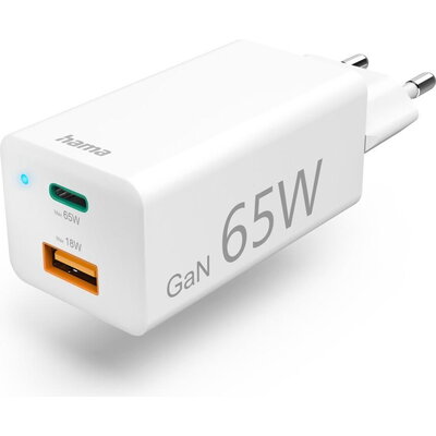 Бързо мини заряднo HAMA GaN, 1x USB-C PD, 1x USB-A QC, 65 W, бял