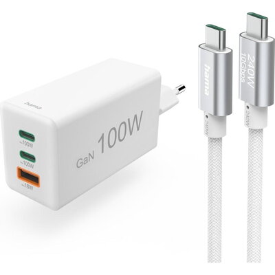 HAMA Комплект Бързо зарядно и кабел за зареждане, 100 W GaN, 2x USB-C PD, 1x USB-A QC