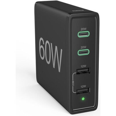 HAMA Зарядна станция 4 порта, 60W, 2 x USB-C, 2 x USB-A, PD, Fast Charge