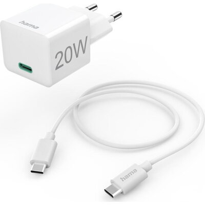 HAMA Комплект бързо мини зарядно с USB-C кабел за зареждане, PD, 20W, 1 м, бяло