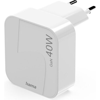 HAMA Бързо мини зарядно GaN, 2 x USB-C, PD, 40 W, сгъващ се адаптер, бял
