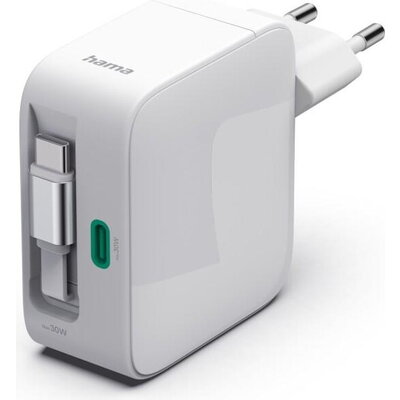 HAMA Бързо зарядно, 30 W, GaN, 2x USB-C, с разтегателен кабел 0.7м, бял