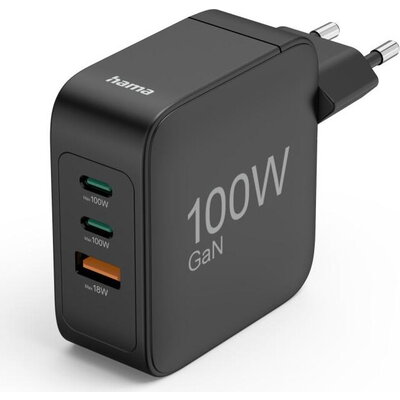 HAMA Бързо зарядно GaN, 2x USB-C, 1x USB-A, PD, 100 W, черно