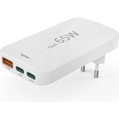 HAMA Бързо мини зарядно, 65W, 2x USB-C, 1x USB-A, PD, плоско, бяло