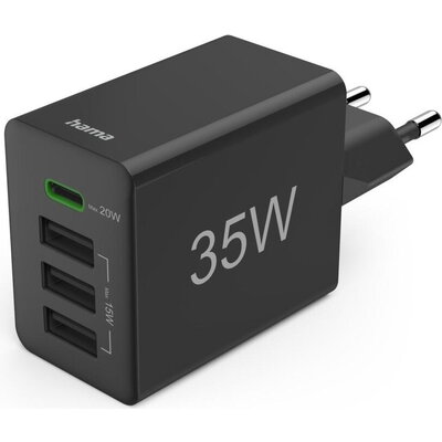 HAMA Мини Зарядно 220V 35 W, 1x USB-C PD, 3x USB-A, Черно