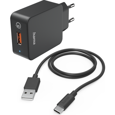 Мрежово зарядно HAMA, 220V, USB-C, Qualcomm, Quick Charge, 19.5W, Вкл. кабел, Черен