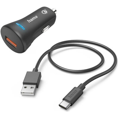 Зарядно за кола HAMA 12-24 V /USB-C 3A, Qualcomm Quick Charge 3.0, 19.5W+ кабел USB-C, 1 м, черен