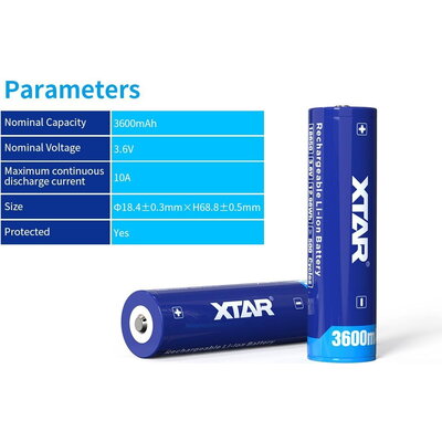 Акумулаторна батерия XTAR за фенери 18650 със защита , 3600mAh, Li-ion