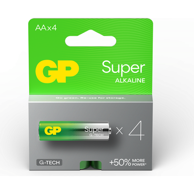 Алкална батерия GP SUPER LR6 AA, 4 бр. в опаковка, 1.5V, GP15A