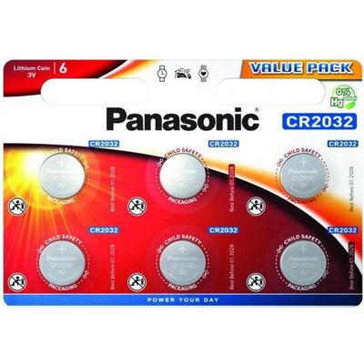 Бутонна батерия литиева PANASONIC CR2032, 3V, 6 бр. в блистер /цена за 6 бр./