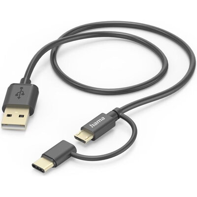 HAMA Кабел 2 в 1, USB-A - Micro USB, с адаптер за USB-C, 1 м, сив