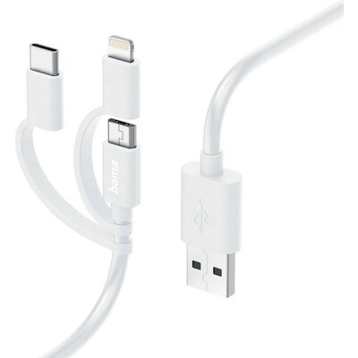 Кабел HAMA 3 в 1, USB-A - Micro-USB, USB-C и Lightning, 1.0 м., Бял