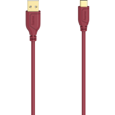 Кабел Hama Flexi-Slim USB-C - USB-A 2.0 мъжко, 0.75м,тънък, позлатен, червен