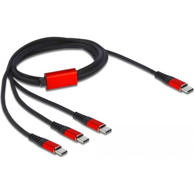 Кабел за зареждане Delock  3 в 1, USB-C - 3 x USB-C, 1м, Черен/Червен