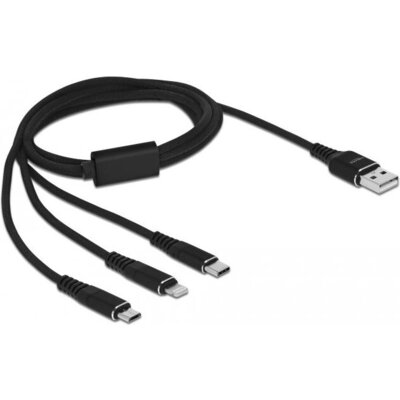 Кабел за зареждане Delock 87155, 3 в 1, USB - Lightning MicroUSB USB-C, 1м, Черен