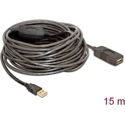 Удължителен кабел DeLock, USB-A женско - USB-A мъжко, USB 2.0, 15 м, Черен