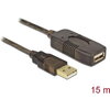 Удължителен кабел DeLock, USB-A женско - USB-A мъжко, USB 2.0, 15 м, Черен