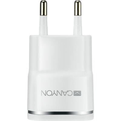 CANYON Single USB AC charger for smartphone and tablet, Input 100V-240V, Output 5V-1A, white glossy plastic + silver stripe