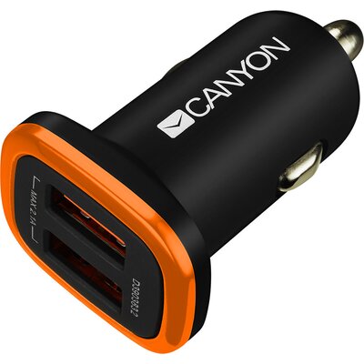 CANYON Universal  2xUSB car adapter, Input 12V-24V, Output 5V-2.1A, with Smart IC, black rubber coating with orange electroplate