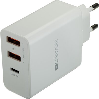 CANYON Universal 3xUSB AC charger (in wall) with over-voltage protection(1 USB-C with PD Quick Charger), Input 100V-240V, Output