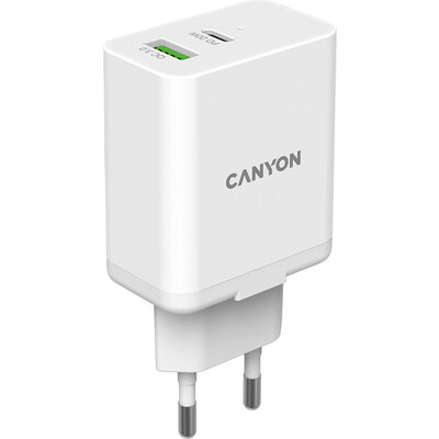 Canyon, PD 20W/QC3.0 18W WALL Charger with 1-USB A+ 1-USB-C   Input: 100V-240V, Output: 1 port charge: USB-C:PD 20W (5V3A/9V2.22