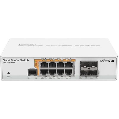 Суич MikroTik CRS112-8P-4S-IN, 8 x Gigabit Ethernet ports, 10/100/1000Mbps, 4 x SFP